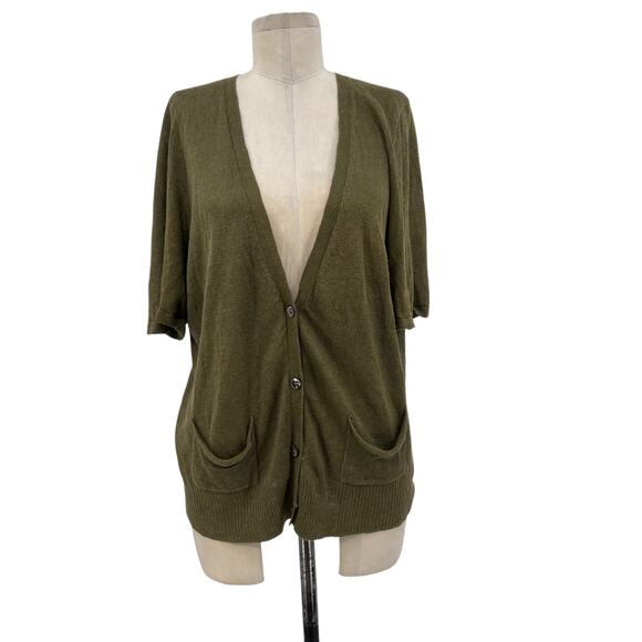 Eileen‎ Fisher Cardigan Sweater Knit Short Sleeve Linen Silk Olive Green Large - Picture 1 of 9